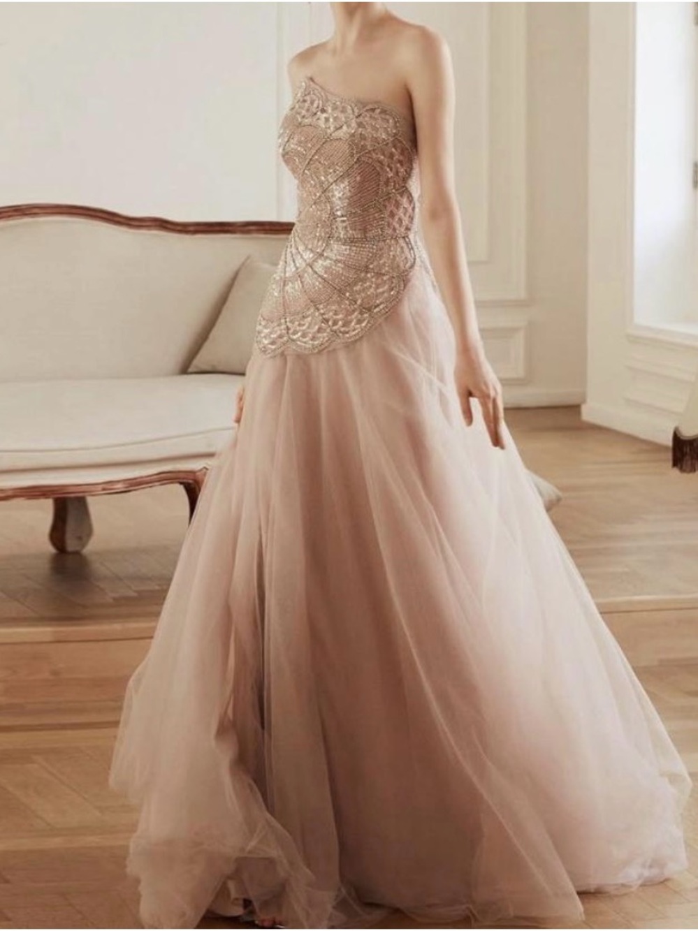 Strapless Blush Champagne Embellished Tulle Gown